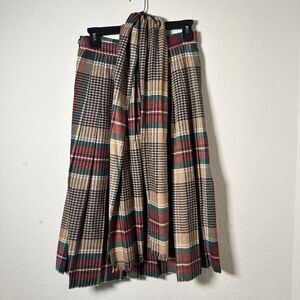 Vintage GJ Forbes Womens Skirt Tan Green Maroon Tartan Plaid Wool Pleated 70s